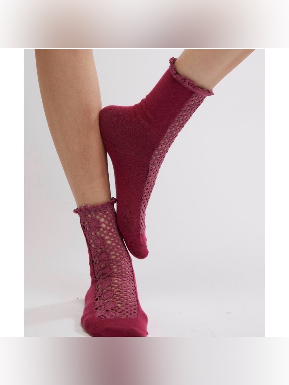 Free People Rubies Crochet Ruffle Socks in Deep Sea Burgundy NWT